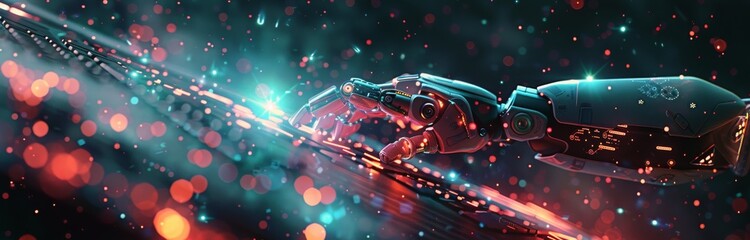 Robotic Hand Typing on Laptop in Neon Light