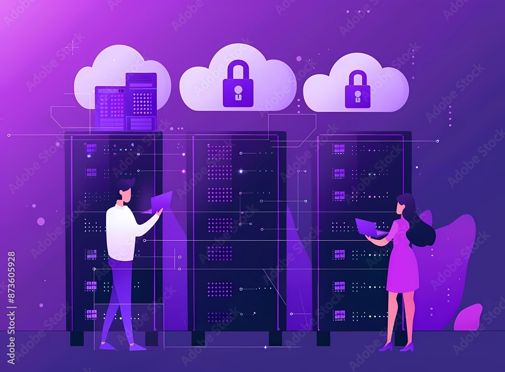 Fototapete Flat vector illustration of a man and woman working on cloud storage with security icons in the style of a computer data center server rack graphic design concept