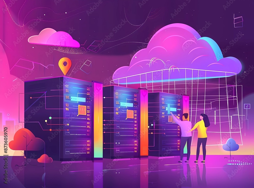 Poster flat vector illustration of a man and woman working on cloud storage with security icons in the styl