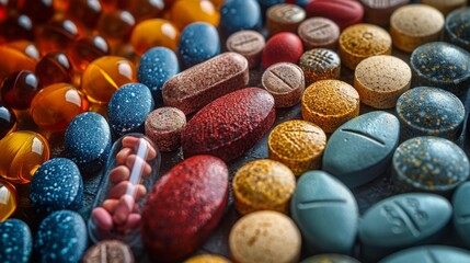 Many different pills and capsules. Selective focus. medicine.