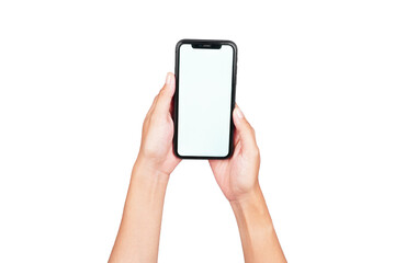 Female hand holding phone isolated transparent