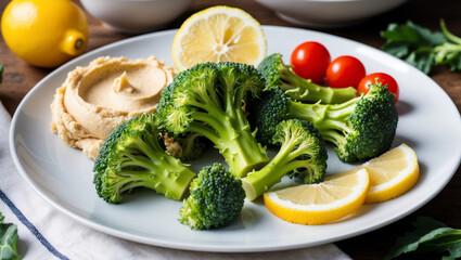 Fresh Broccoli Florets with Lemon Wedges on a Plate