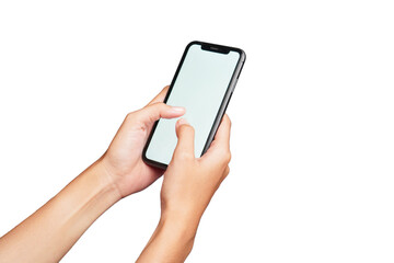 Female hand holding phone isolated transparent