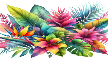 Colorful tropical watercolor spring floral leaves