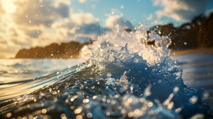 A close-up of a wave crashing on the shore, capturing the dynamic energy and force of water.