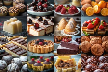 An assortment of colorful desserts and pastries, including macarons, cakes, tarts, and fruit toppings arranged beautifully on a table.