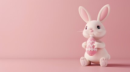 Obraz premium 3D render of Cute bunny holding a decorated Easter egg on a pastel pink background, clean background, no copyrighted logo, no letters, no peaple