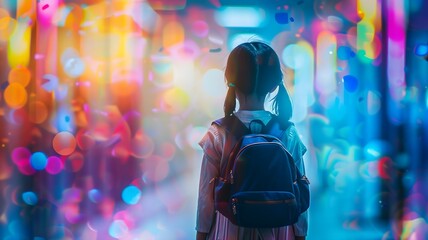 A school girl standing in front of a vibrant, colorful background, representing a futuristic back-to-school concept. 
