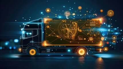 A high-tech futuristic truck with digital interface overlay, depicting advanced logistics and smart transportation solutions.