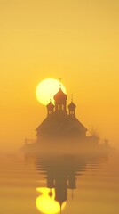 3D render of A silhouette of a church at sunrise on Easter Sunday on a pastel yellow background, clean background, no copyrighted logo, no letters, no peaple