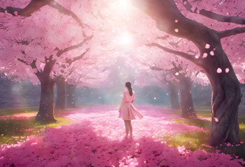 A woman stands in sunlight among forest of cherry blossoms in bloom, with bokeh, lens flare and rainbow effects, spring nature background