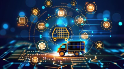 Innovative logistics and transport technology concept with a futuristic truck and digital icons representing smart solutions.