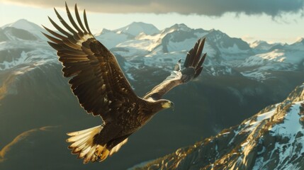 Fototapeta premium Eagle Soaring Above Snowy Mountains.