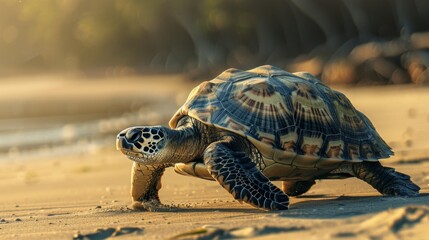 Sea Turtle Walking on Sandy Beach at Sunset.