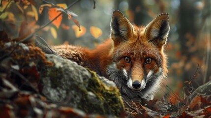 Fototapeta premium Red Fox in Autumn Forest.