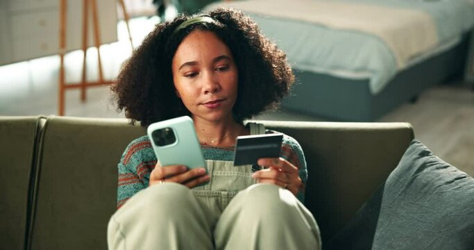 Young girl, phone and online payment with credit card in ecommerce or banking on sofa at home. Female person or shopper with debit on mobile smartphone for fintech, app or remote transaction at house