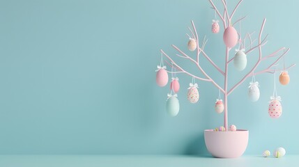 3D render of An Easter egg tree decorated with hanging eggs on a pastel blue background, clean background, no copyrighted logo, no letters, no peaple