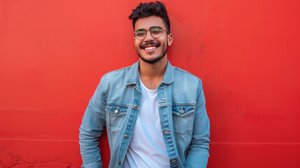 Obraz premium latino handsome man smiling Hands in a pockets isolated on a red background