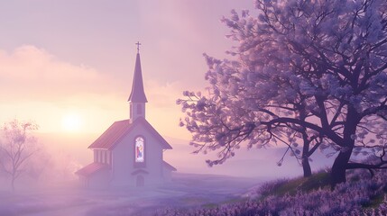 3D render of A scenic view of a church on Easter morning on a pastel purple background, clean background, no copyrighted logo, no letters, no peaple