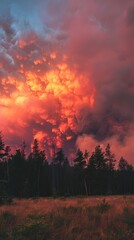 A raging forest fire against a fiery red sunset, showing the danger level of bushfires - a dramatic scene of nature
