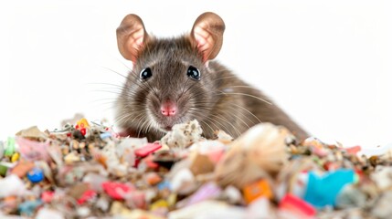Rat scavenging through trash on white background. Concept plague that comes from rats