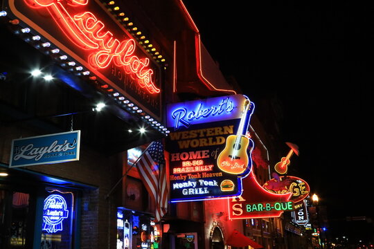 Iconic Lower Broadway & Honky Tonk district - country Music bars & restaurants on Broadway avenue. Nashville, Tennessee, USA - May 22