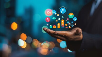 businessman hand holding color Business and financial icons