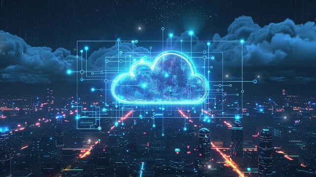A cloud technology with isometric icons on circuit board. Technology using cloud computing on a cityscape background. Abstract futuristic digital network connection. Internet of things or data center 