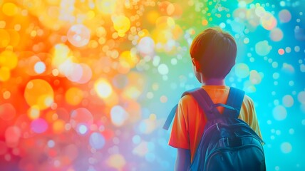  A school boy standing in front of a vibrant, colorful background, representing a futuristic back-to-school concept. 
