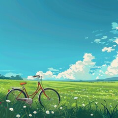 Naklejka premium Playful Cartoon Cycling Adventure in Whimsical Scenic Illustration. Joyful Journey of Adorable Characters，Anime style