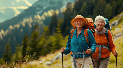 Two elderly women are walking up a mountain path, smiling and enjoying nature. A couple of old lesbians with backpacks on a hike. Active old age