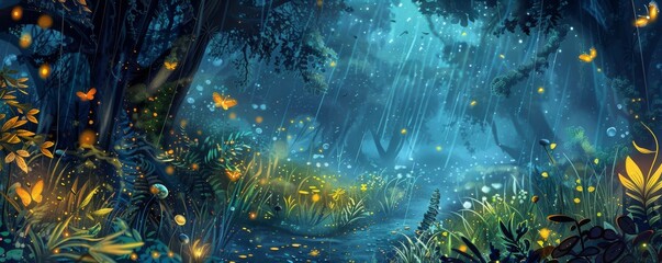 Fototapeta premium Enchanted Rainforest Wonderland: Luminous Flora, Mythical Beings, and Rainy Magic