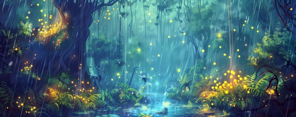 Enchanted Rainy Forest: Illustration of Glowing Plants and Fantastical Creatures in a Mystical Woodland Setting