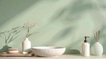 Minimalistic bathroom decor with green background