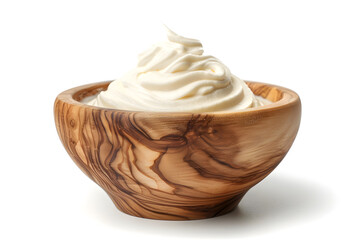 Whipped cream yogurt with wooden bowl isolated on white background