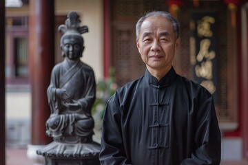 Naklejka premium Elderly asian man in traditional clothing posing peacefully in a temple setting