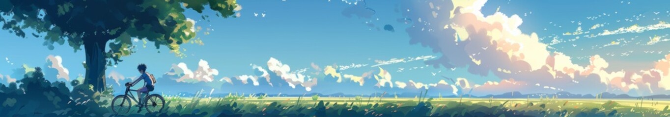 Fototapeta premium Playful Cartoon Cycling Adventure in Whimsical Scenic Illustration. Joyful Journey of Adorable Characters，Anime style