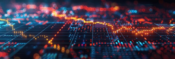 Futuristic digital landscape with glowing data points and neon lines, representing advanced technology, big data analysis, and network connections.