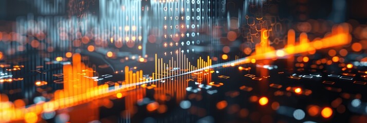 Futuristic digital landscape with glowing data points and neon lines, representing advanced technology, big data analysis, and network connections.