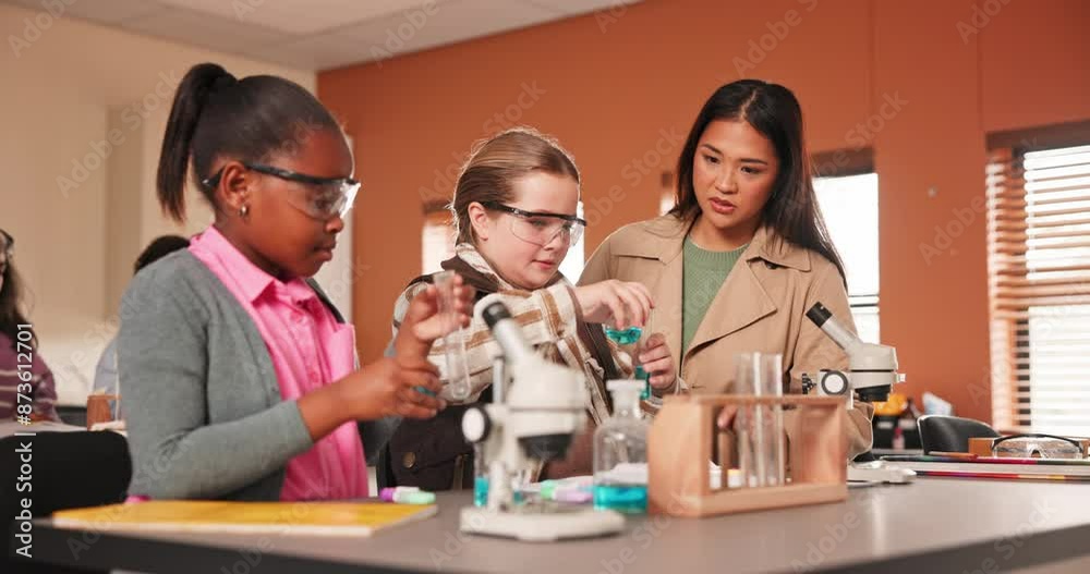 Poster science, student and teacher for experiment in classroom, beaker and microscope for knowledge. educa