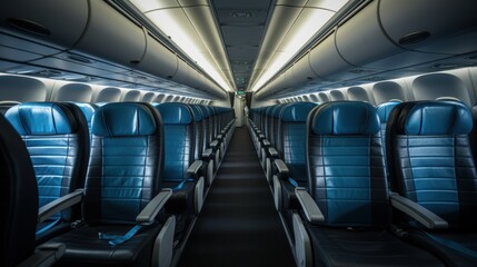 Interior view of an empty airplane cabin featuring rows of blue seats, ready for passengers.