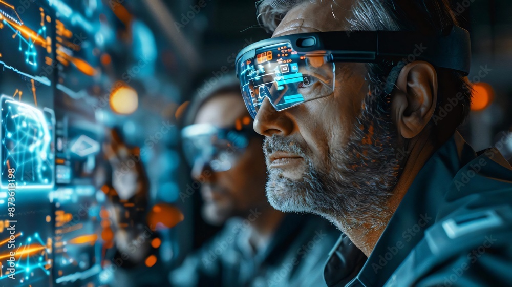Poster futuristic scene of professionals in virtual reality goggles analyzing data on augmented reality scr
