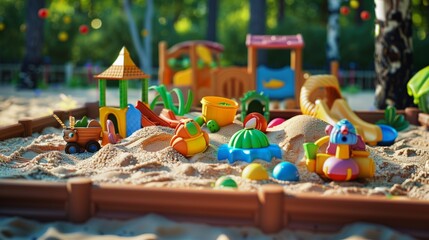 Summer fun  sandbox with diverse outdoor toys for children s games   ideal summer concept