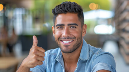 Obraz premium latino handsome man smiling Thumbs up gesture