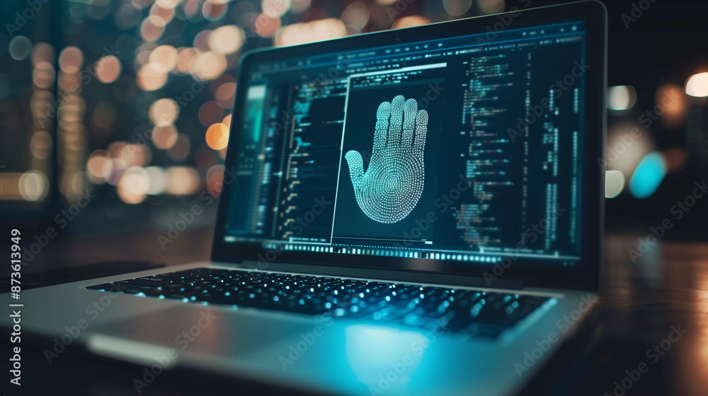 Poster a laptop on the table encrypted with fingerprint authentication modern digital cyber security techno