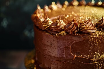 Closeup of a rich chocolate cake with elegant swirls of frosting and gold dust
