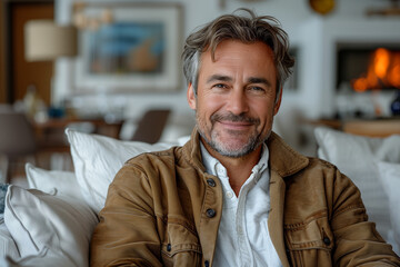 Confident Middle-Aged Man Relaxing in Warm and Cozy Living Room
