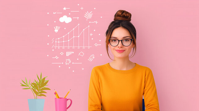 A young woman with a confident smile looks at the camera with ideas and inspiration represented by drawings behind her.
