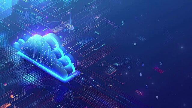 A cloud technology with isometric icons concept. Abstract futuristic digital network connection. Network connection for internet of things or data center design. Circuit board pattern. Copy space area