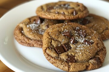 Freshly baked chocolate chip cookies with sea salt on a white plate